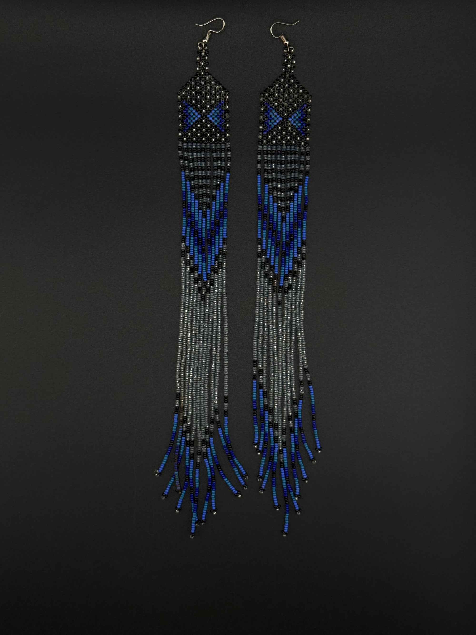 Blue Yawanawa Beaded Fringe Earrings
