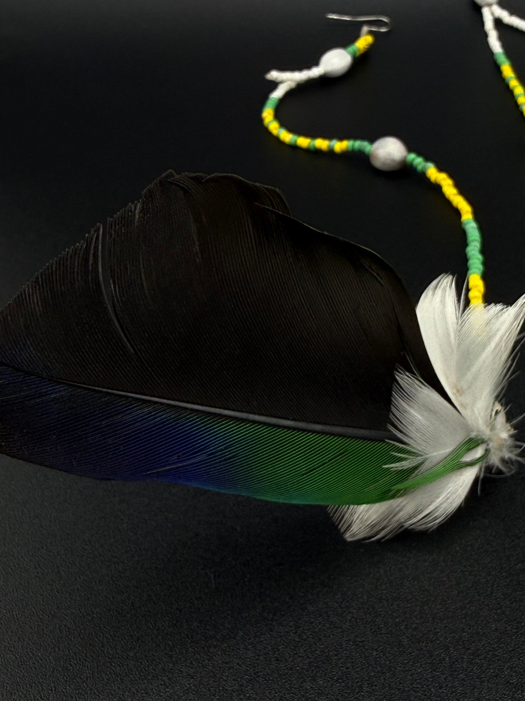 Green Solo Feather Huni Kuin Earrings
