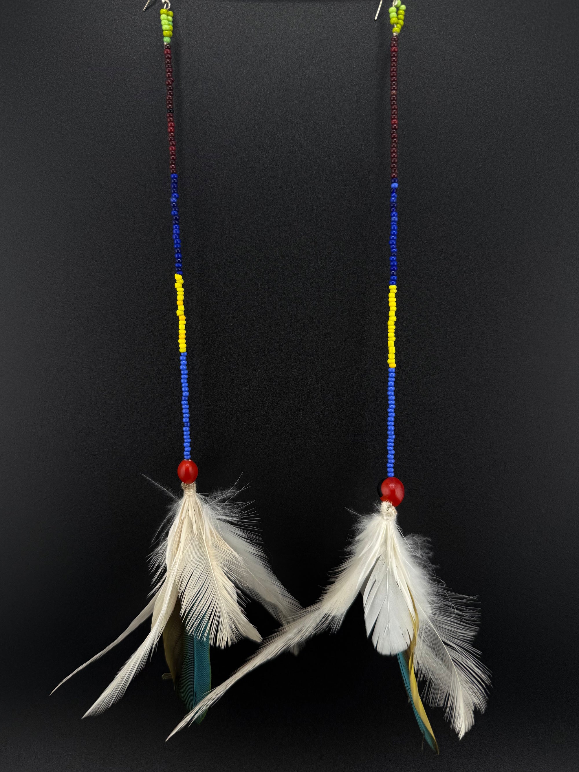 Blue &amp; White Pom Huni Kuin Feather Earrings