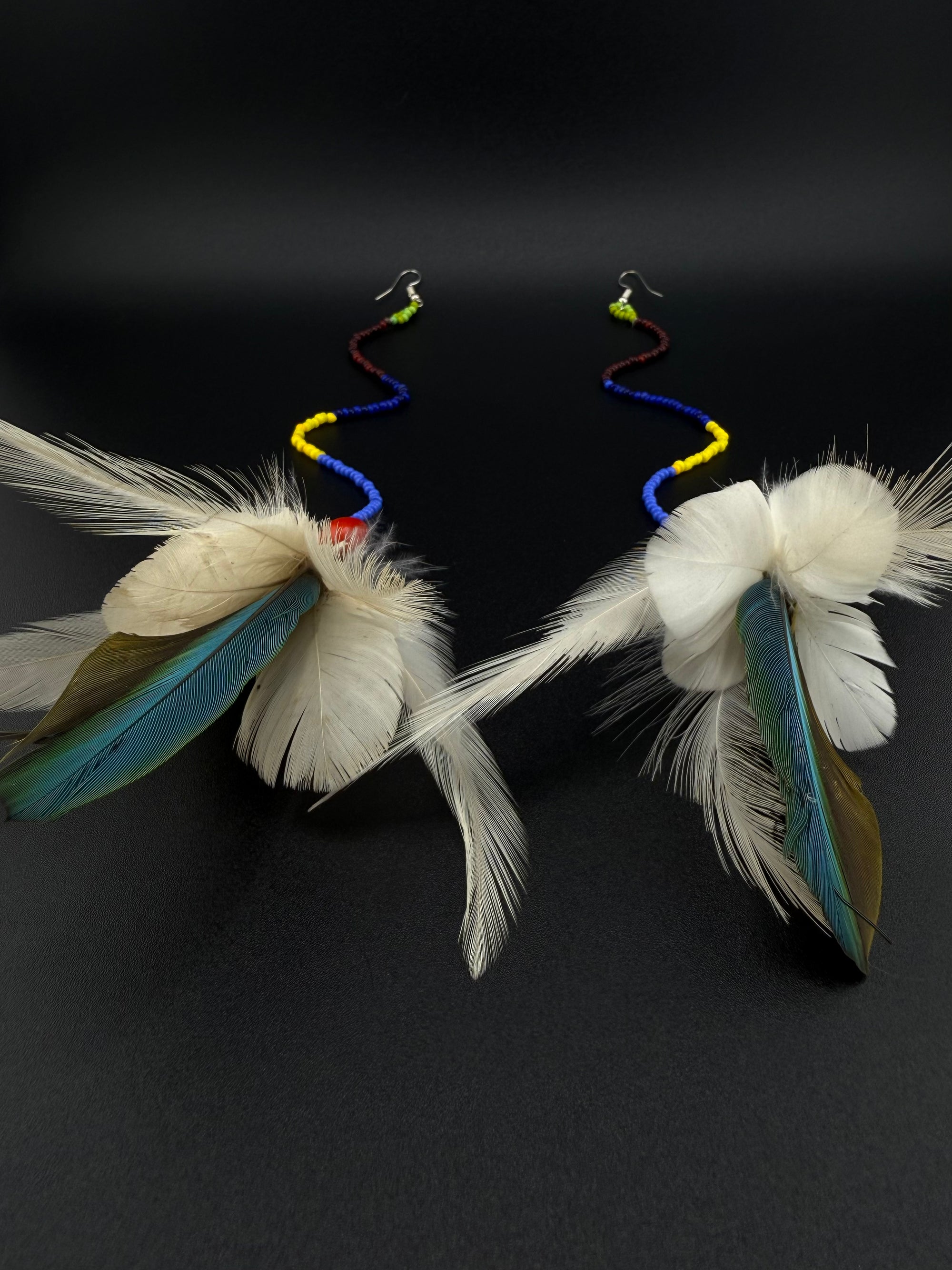 Blue &amp; White Pom Huni Kuin Feather Earrings