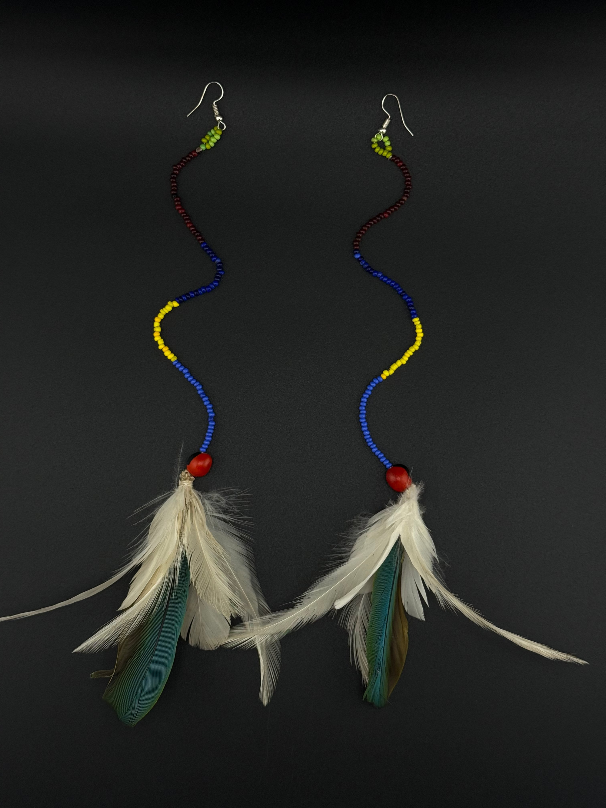 Blue &amp; White Pom Huni Kuin Feather Earrings