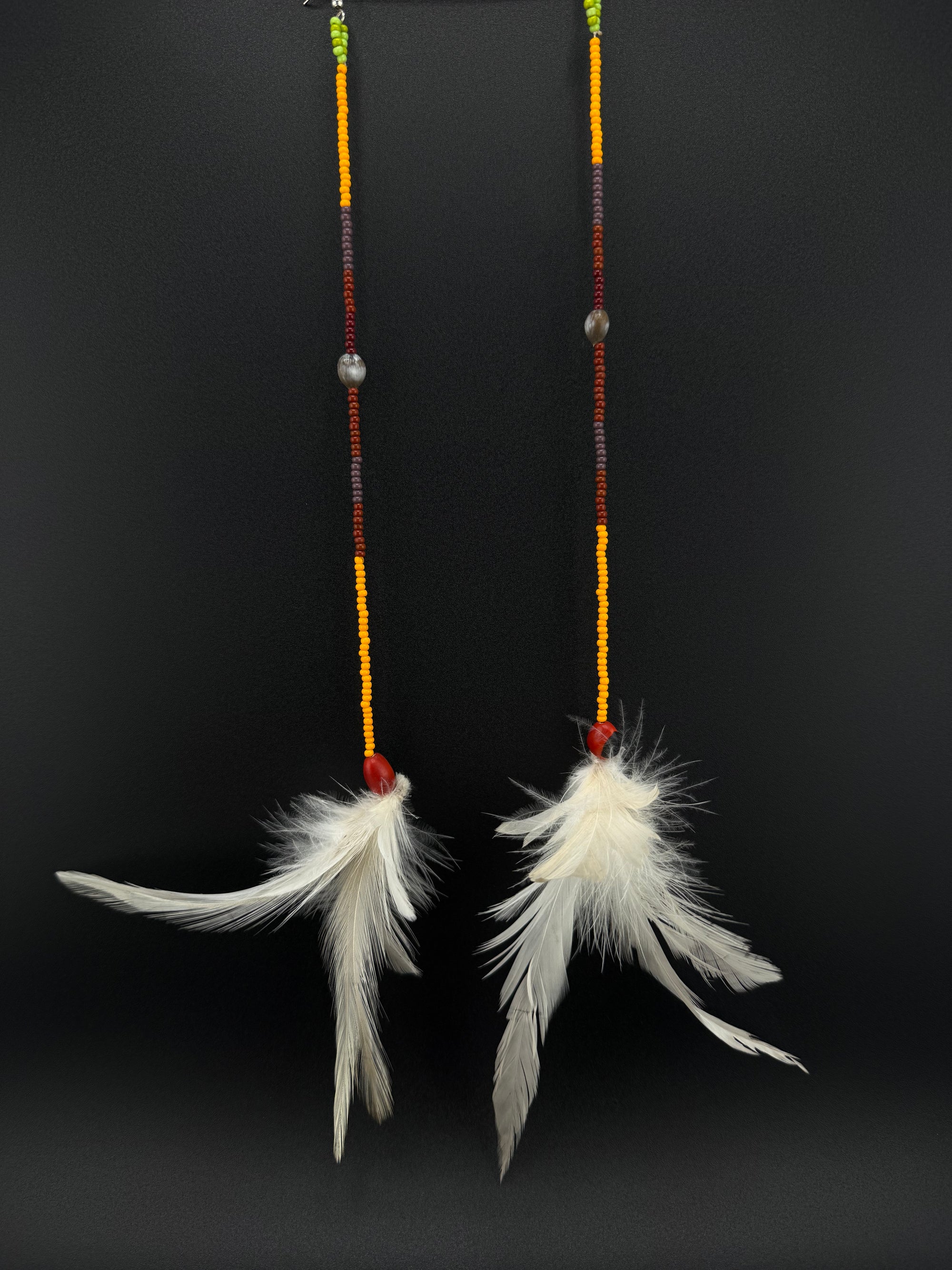 White Pom Huni Kuin Feather Earrings