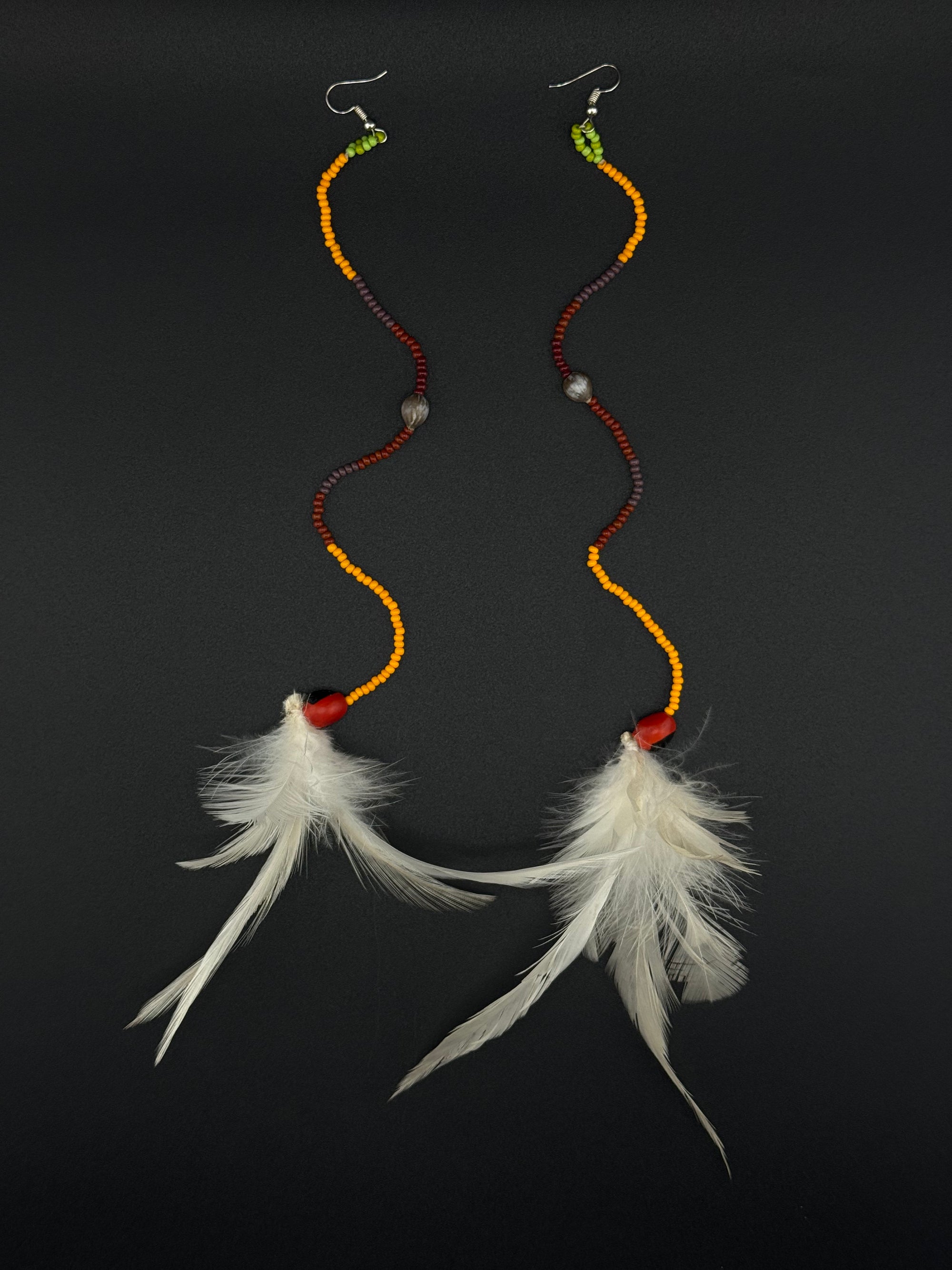 White Pom Huni Kuin Feather Earrings