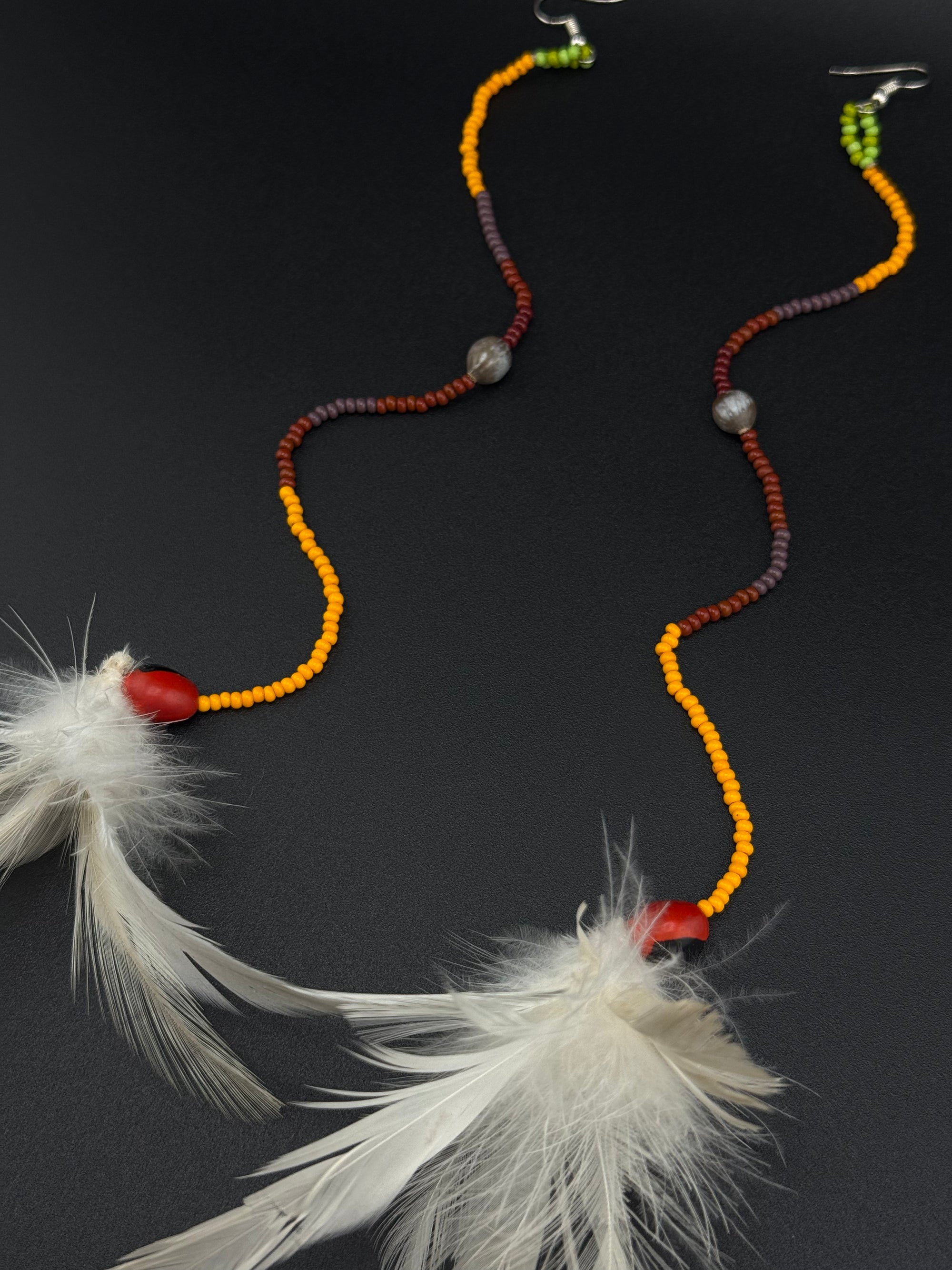 White Pom Huni Kuin Feather Earrings