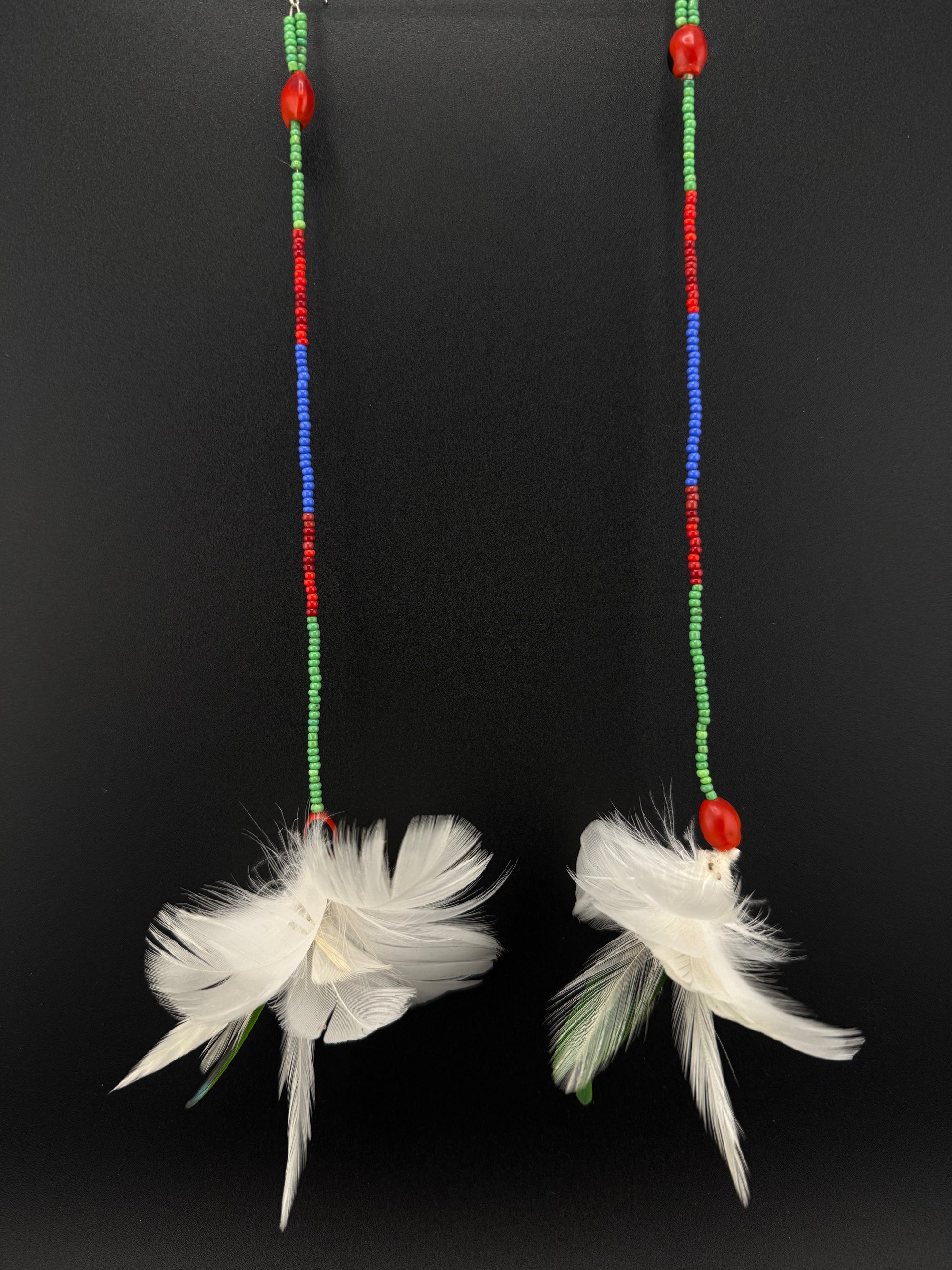 White &amp; Green Feather Pom Huni Kuin Earrings