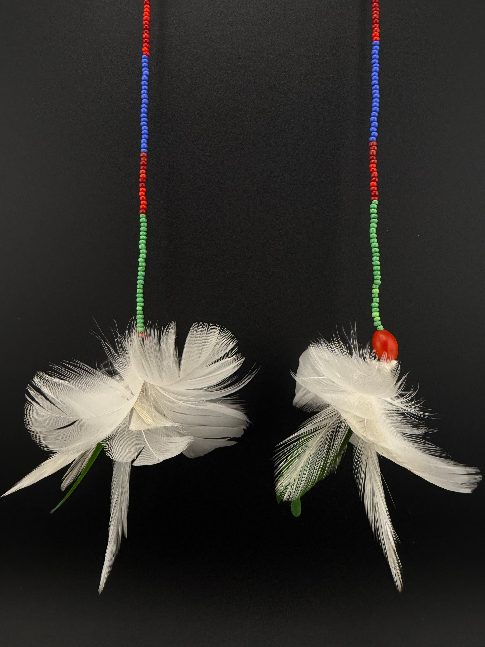 White &amp; Green Feather Pom Huni Kuin Earrings