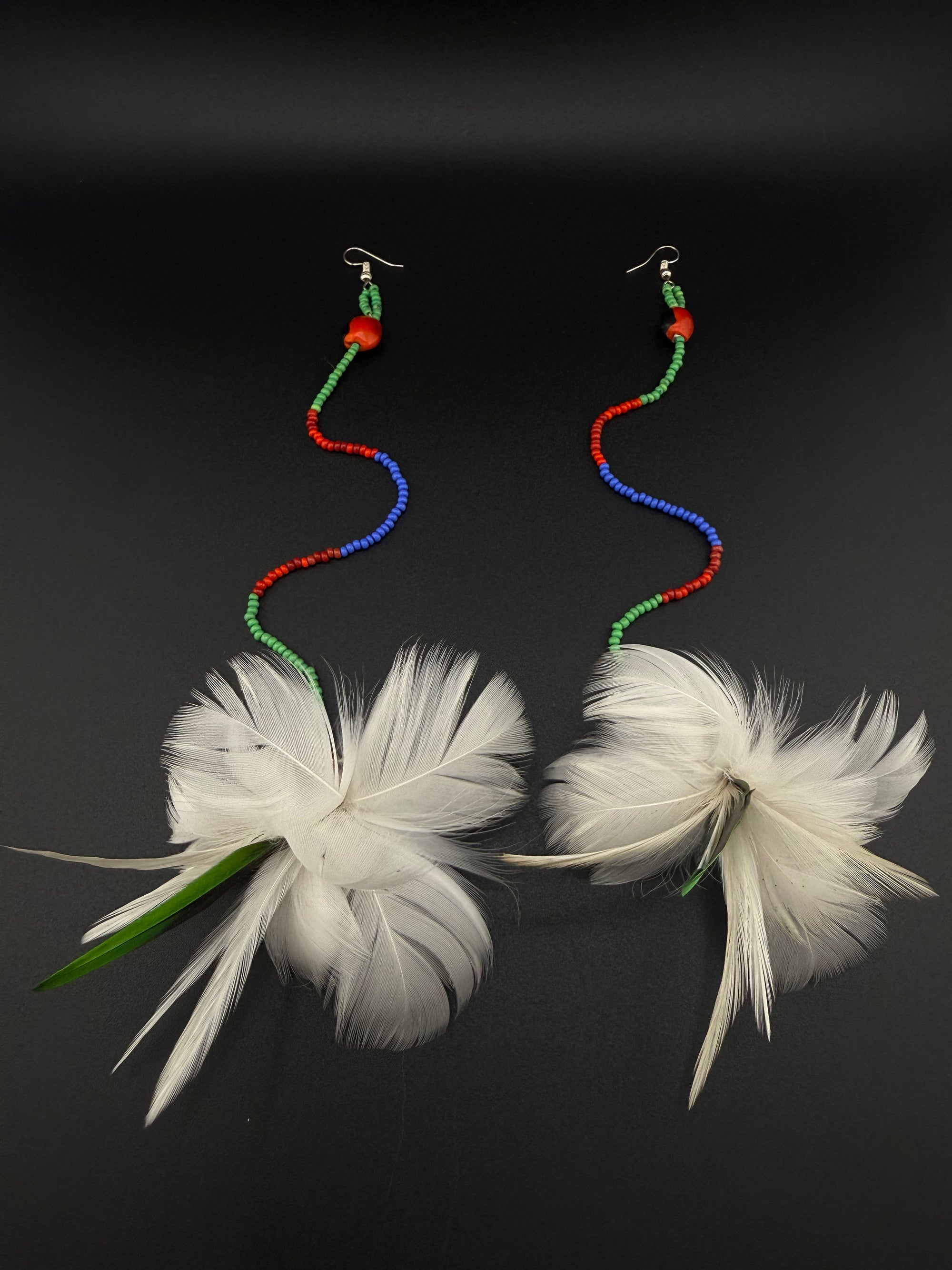 White &amp; Green Feather Pom Huni Kuin Earrings