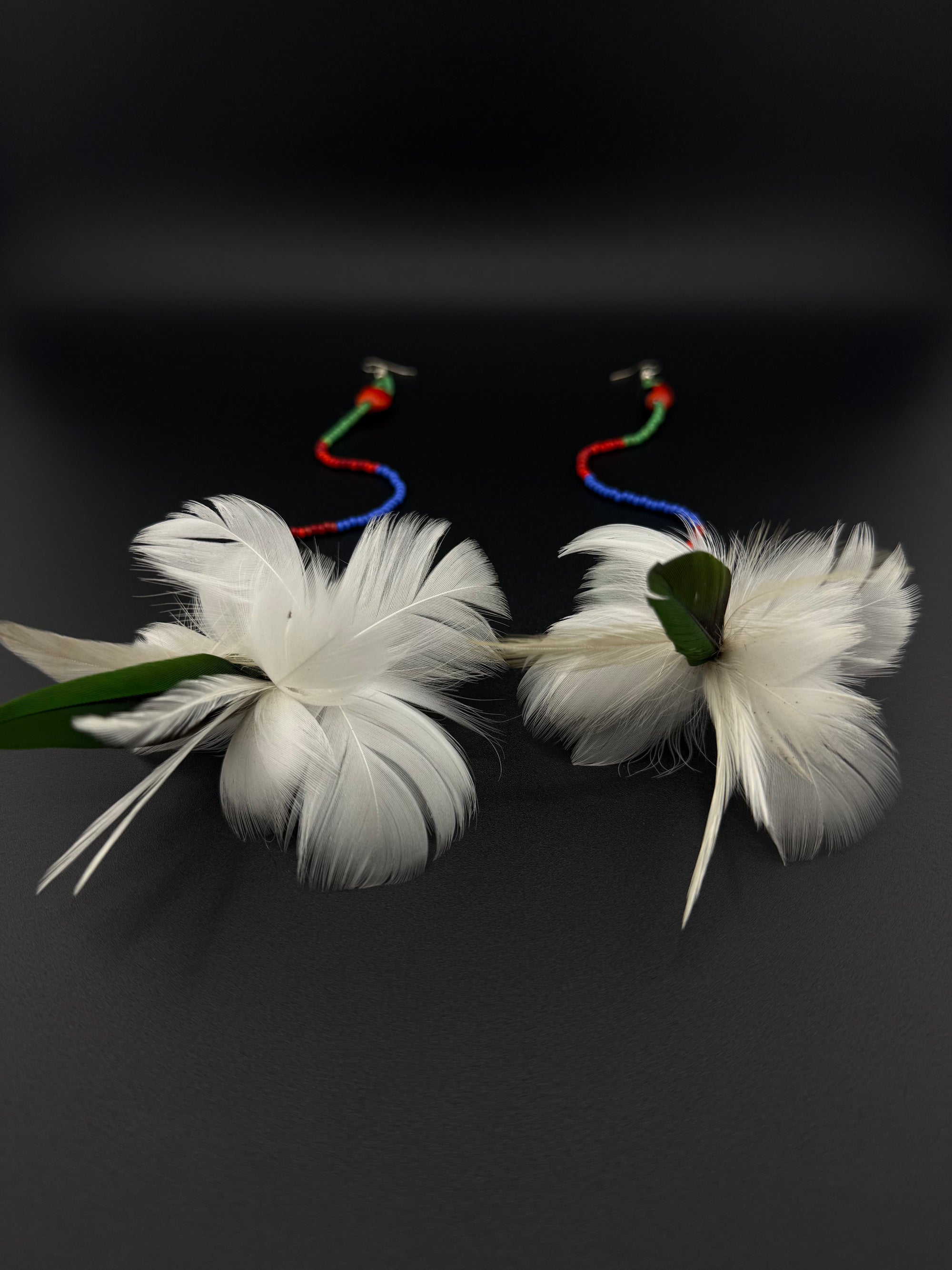 White &amp; Green Feather Pom Huni Kuin Earrings