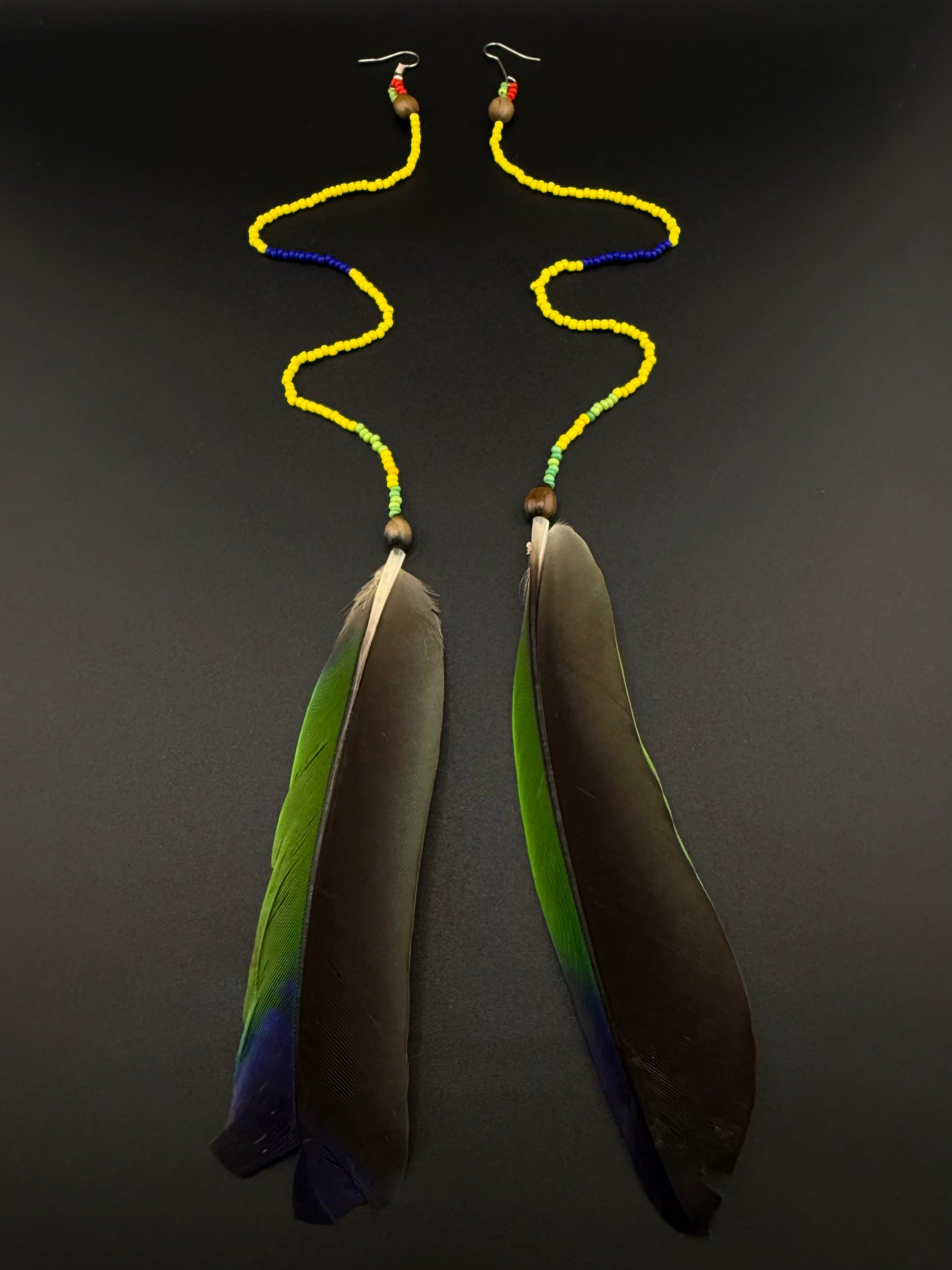 Green &amp; Yellow Solo Feather Huni Kuin Earrings