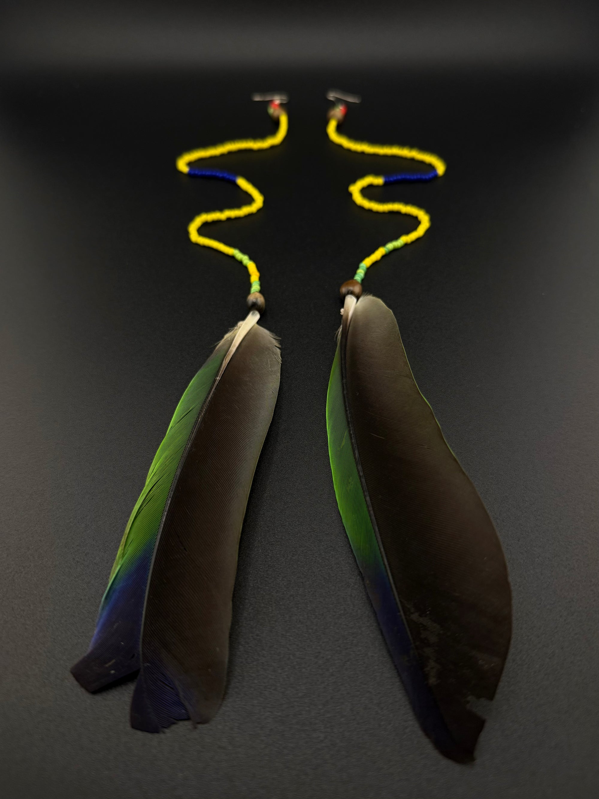 Green &amp; Yellow Solo Feather Huni Kuin Earrings