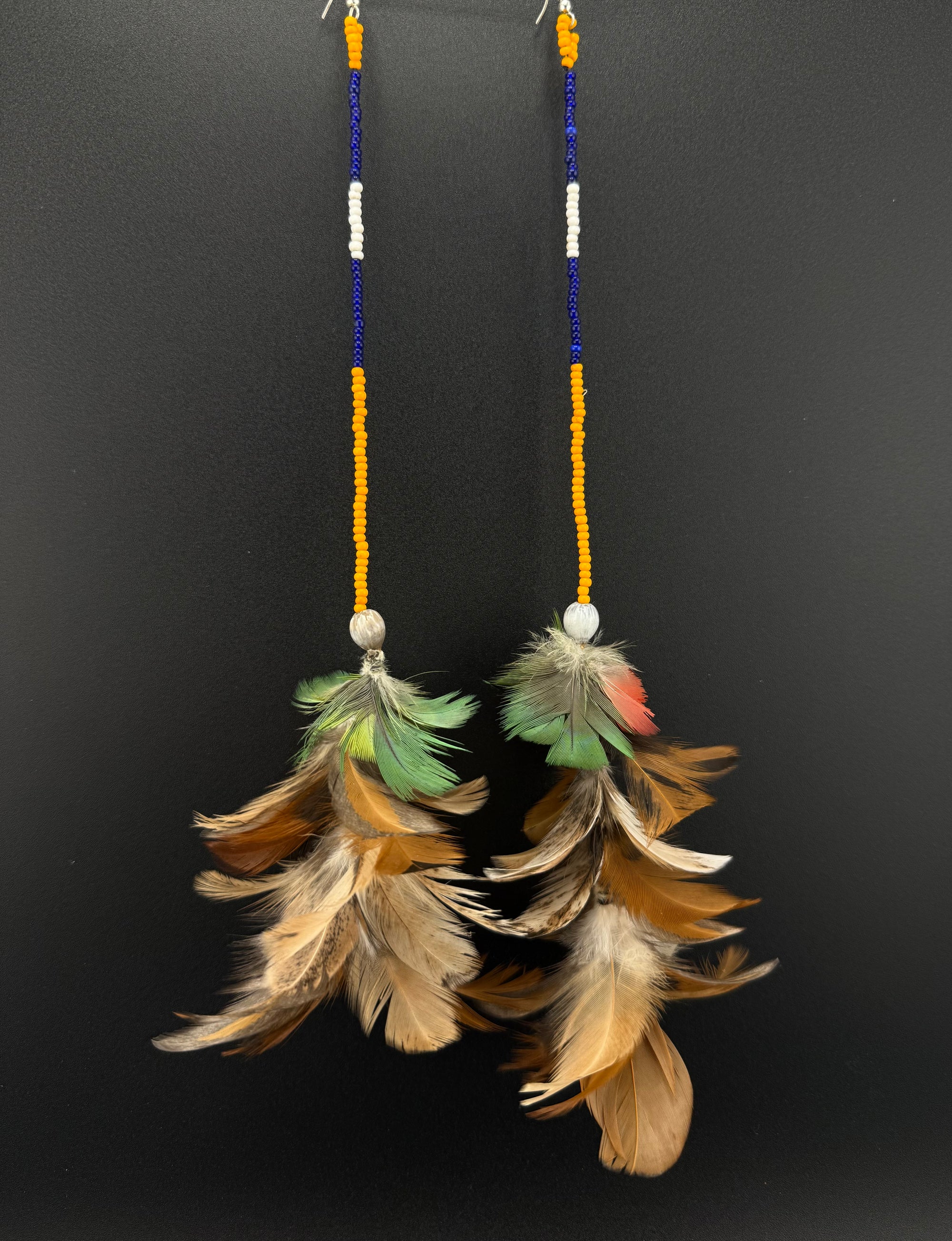 Orange Stacked Pom Huni Kuin Feather Earring