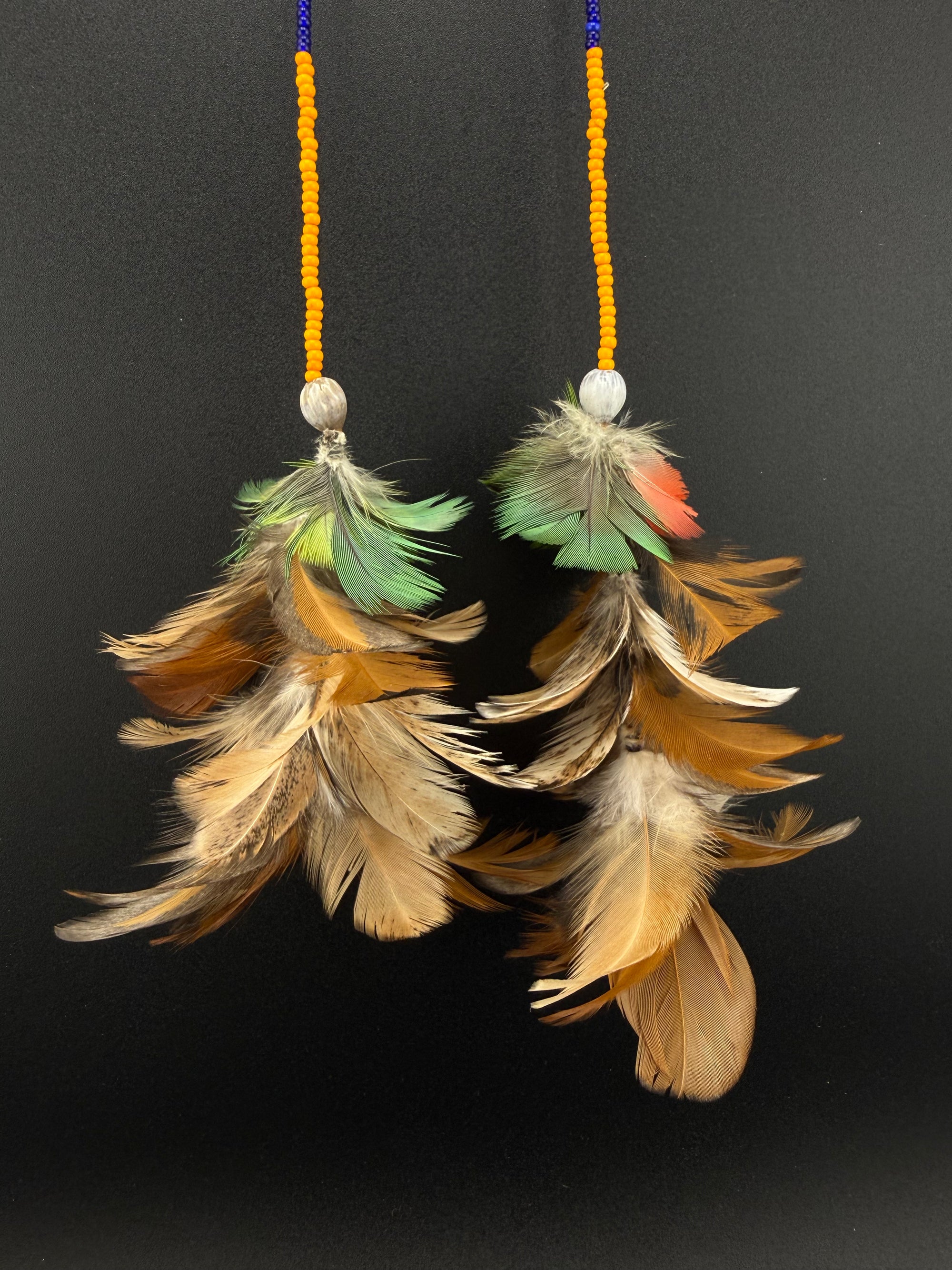 Orange Stacked Pom Huni Kuin Feather Earring