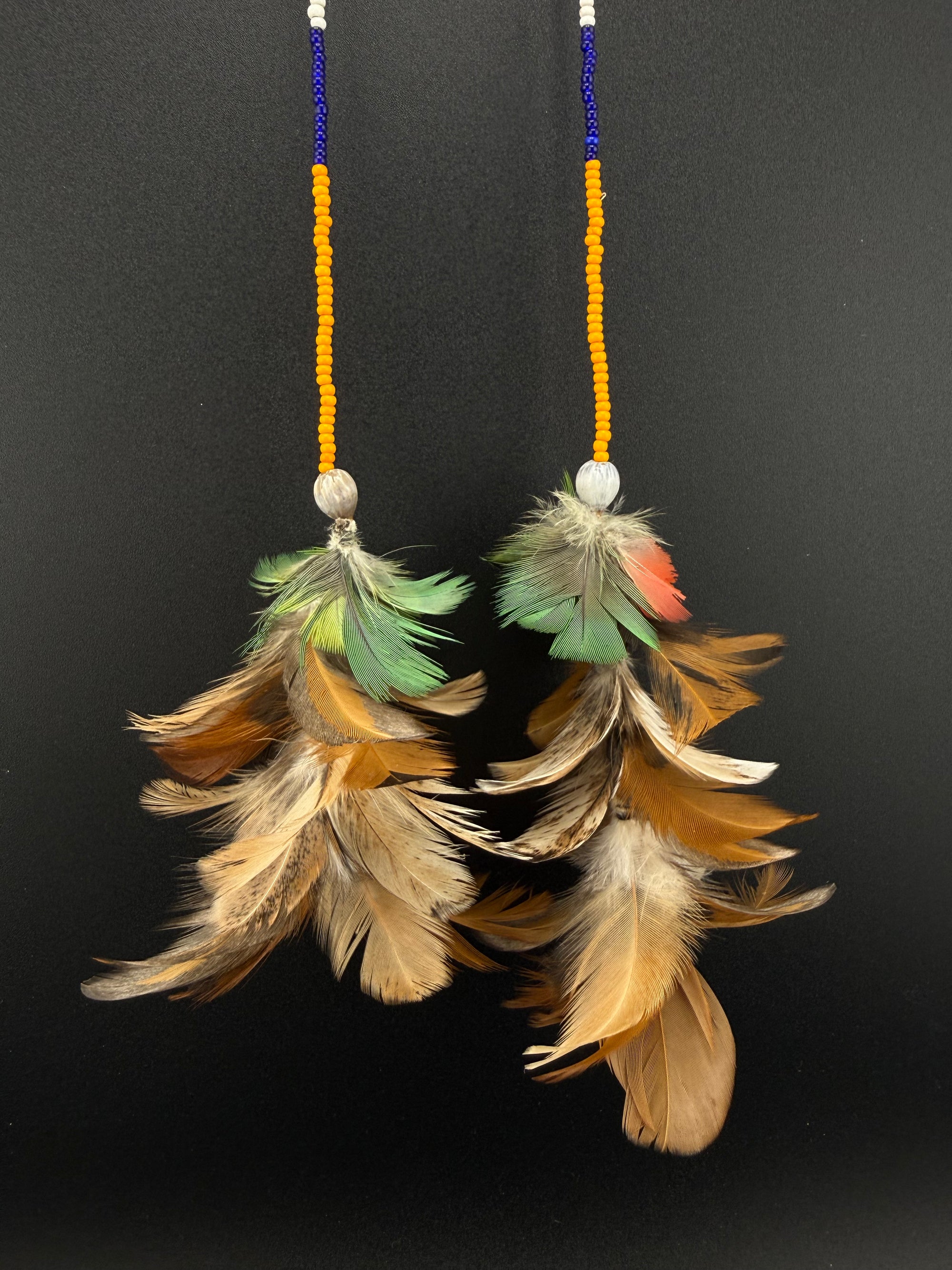 Orange Stacked Pom Huni Kuin Feather Earring