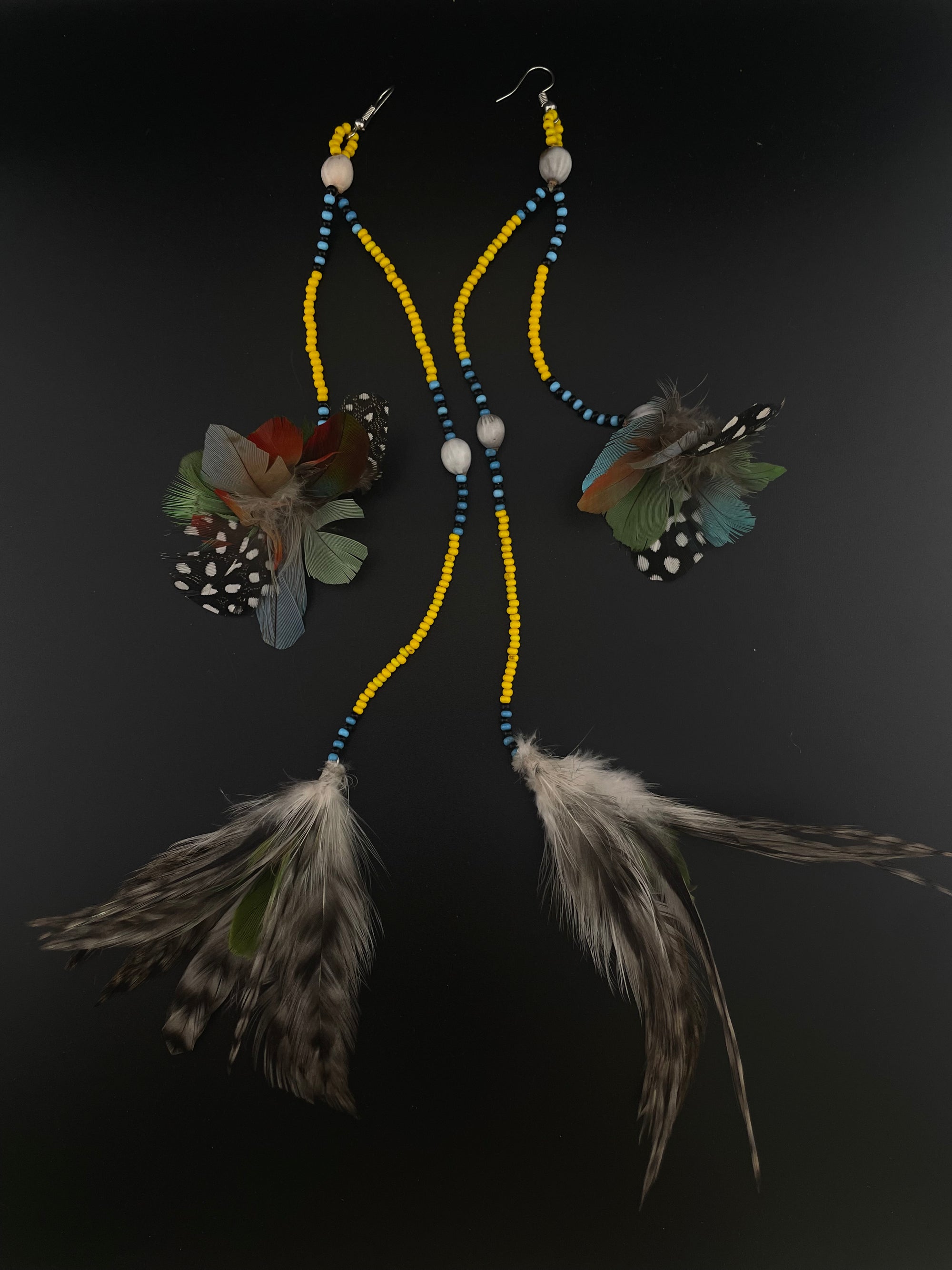 Yellow &amp; Blue Long Huni Kuin Duet Feather Earring