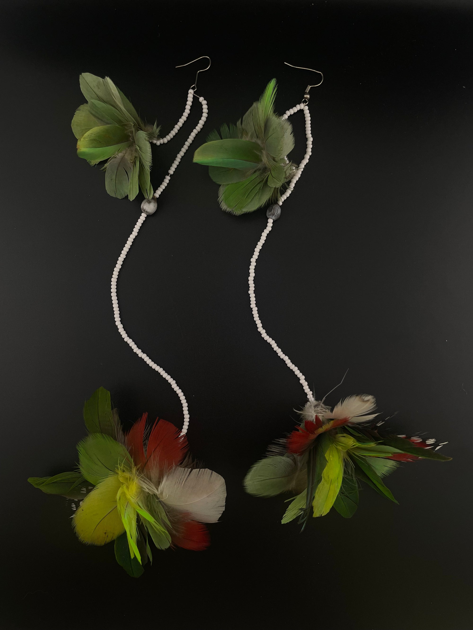 White Double Pom Huni Kuin Feather Earring