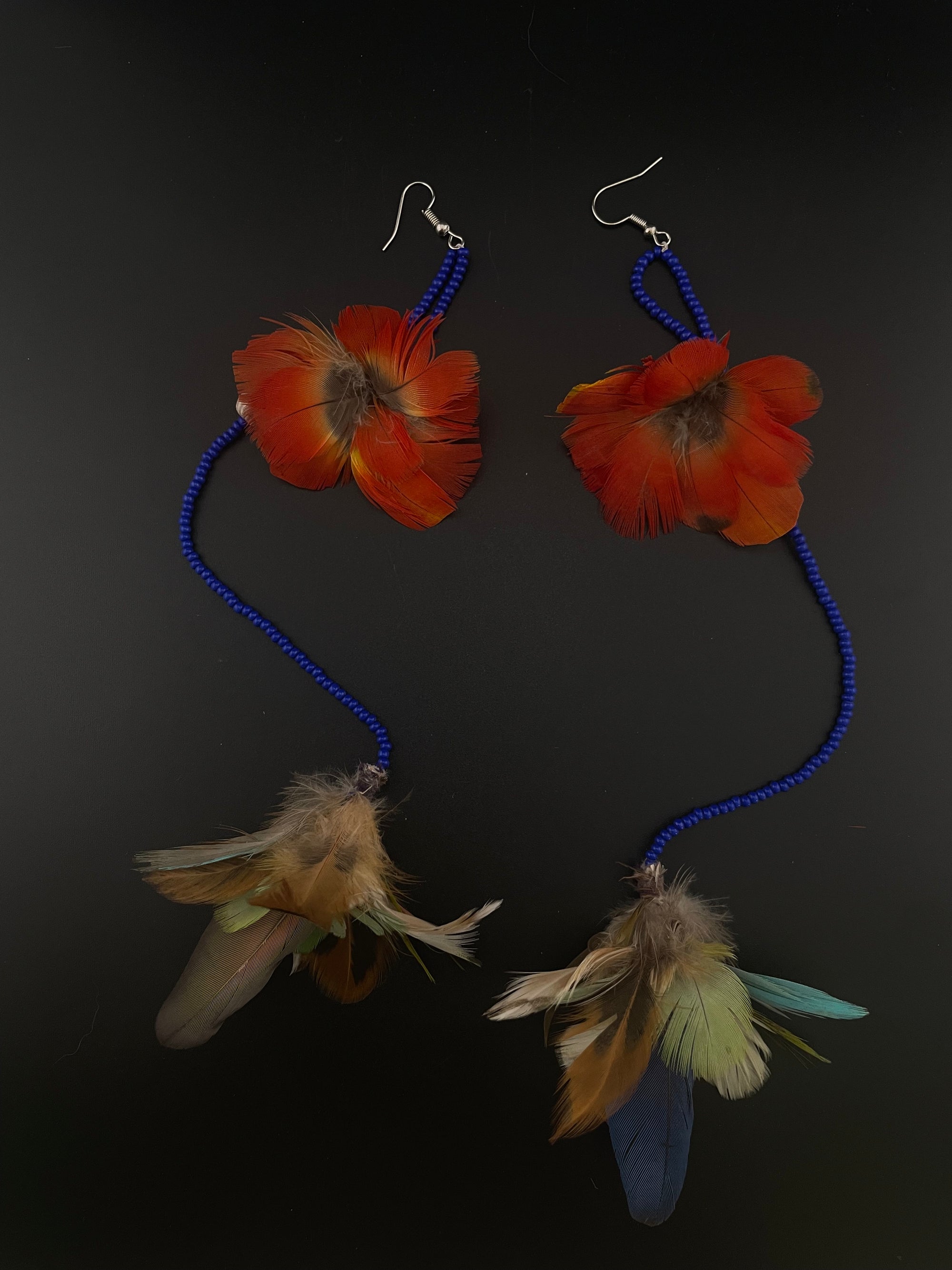 Royal Blue Double Pom Huni Kuin Feather Earring