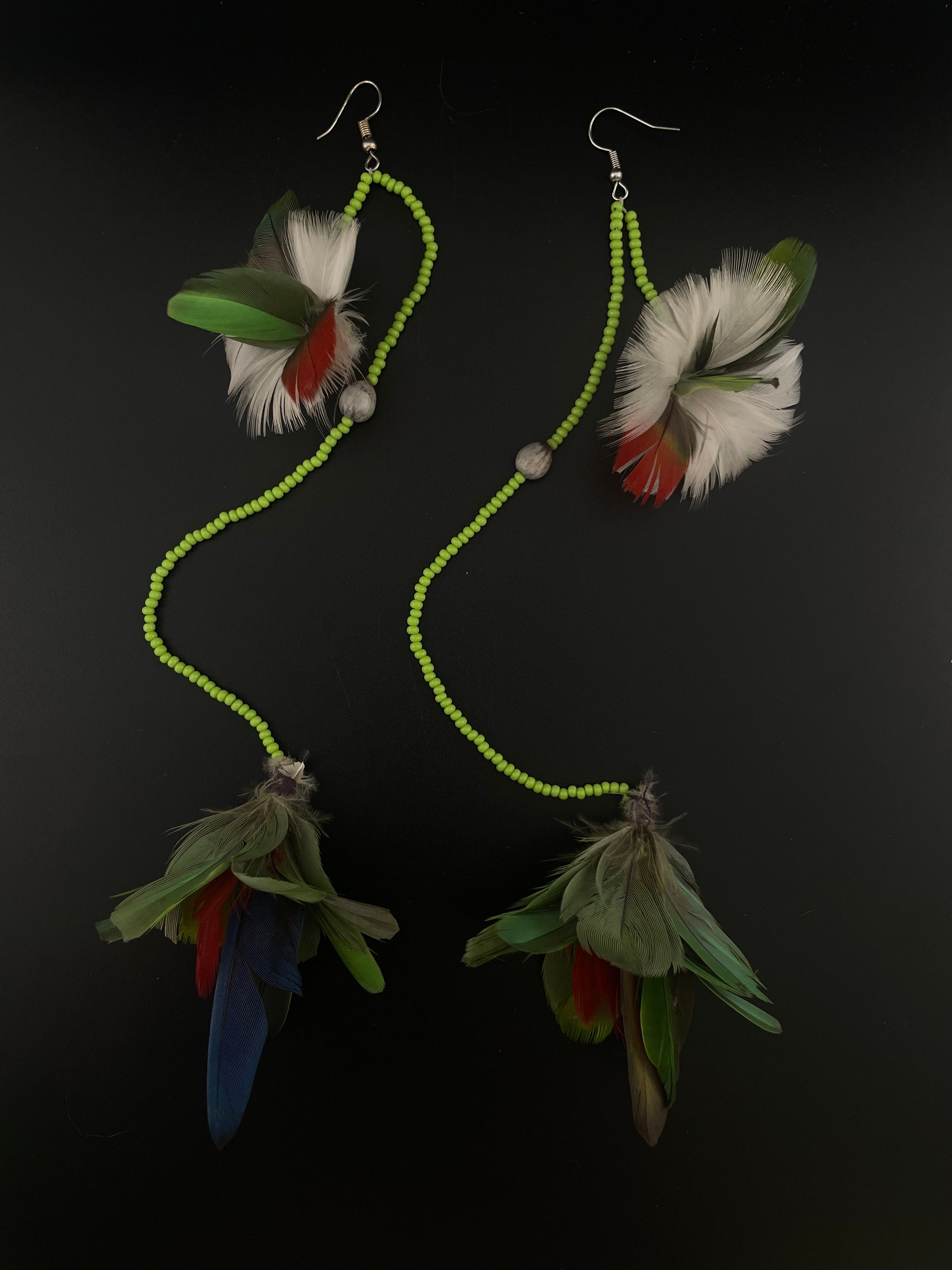 Lime Double Pom Huni Kuin Feather Earring