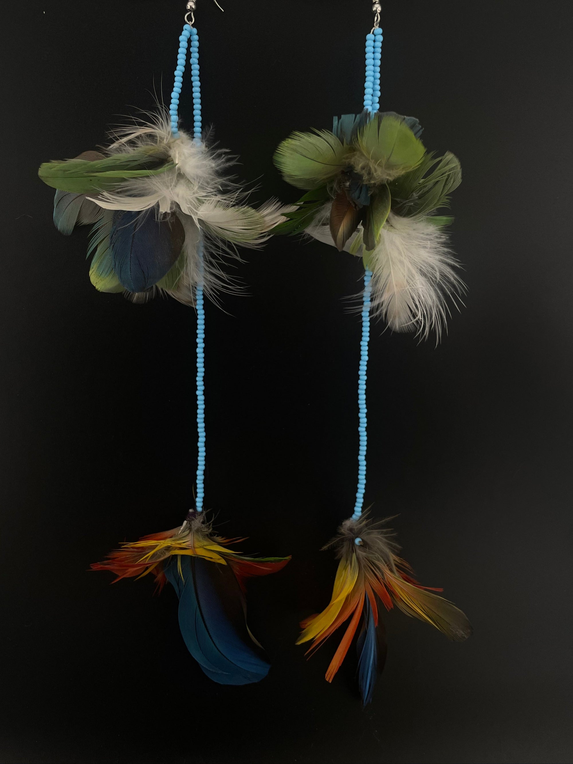 Feather earrings with blue beads on a black background