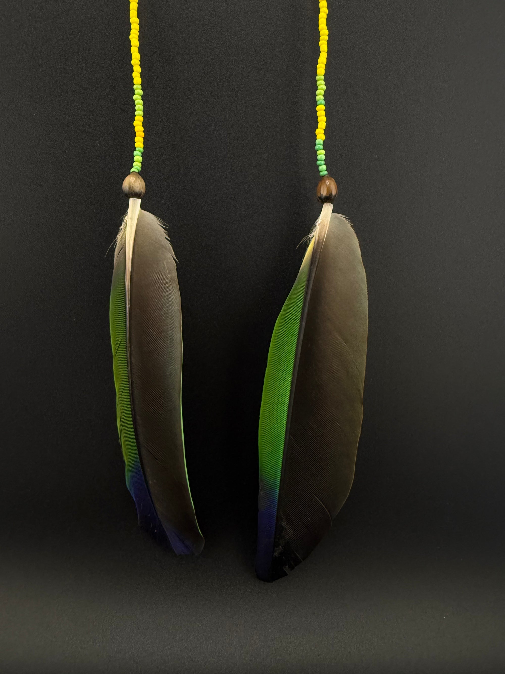 Green &amp; Yellow Solo Feather Huni Kuin Earrings