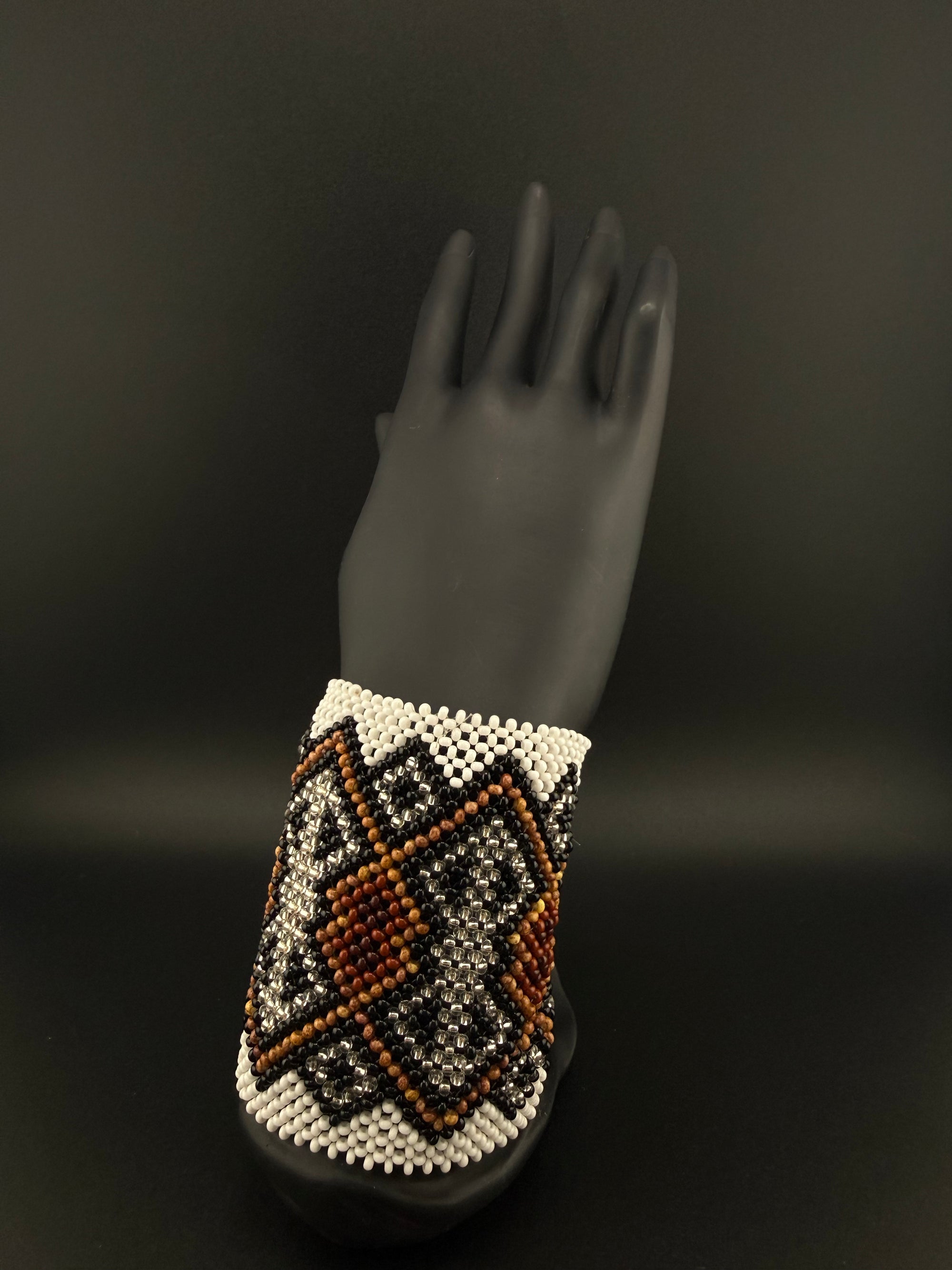 White and Brown Beaded Yawanawa Cuff