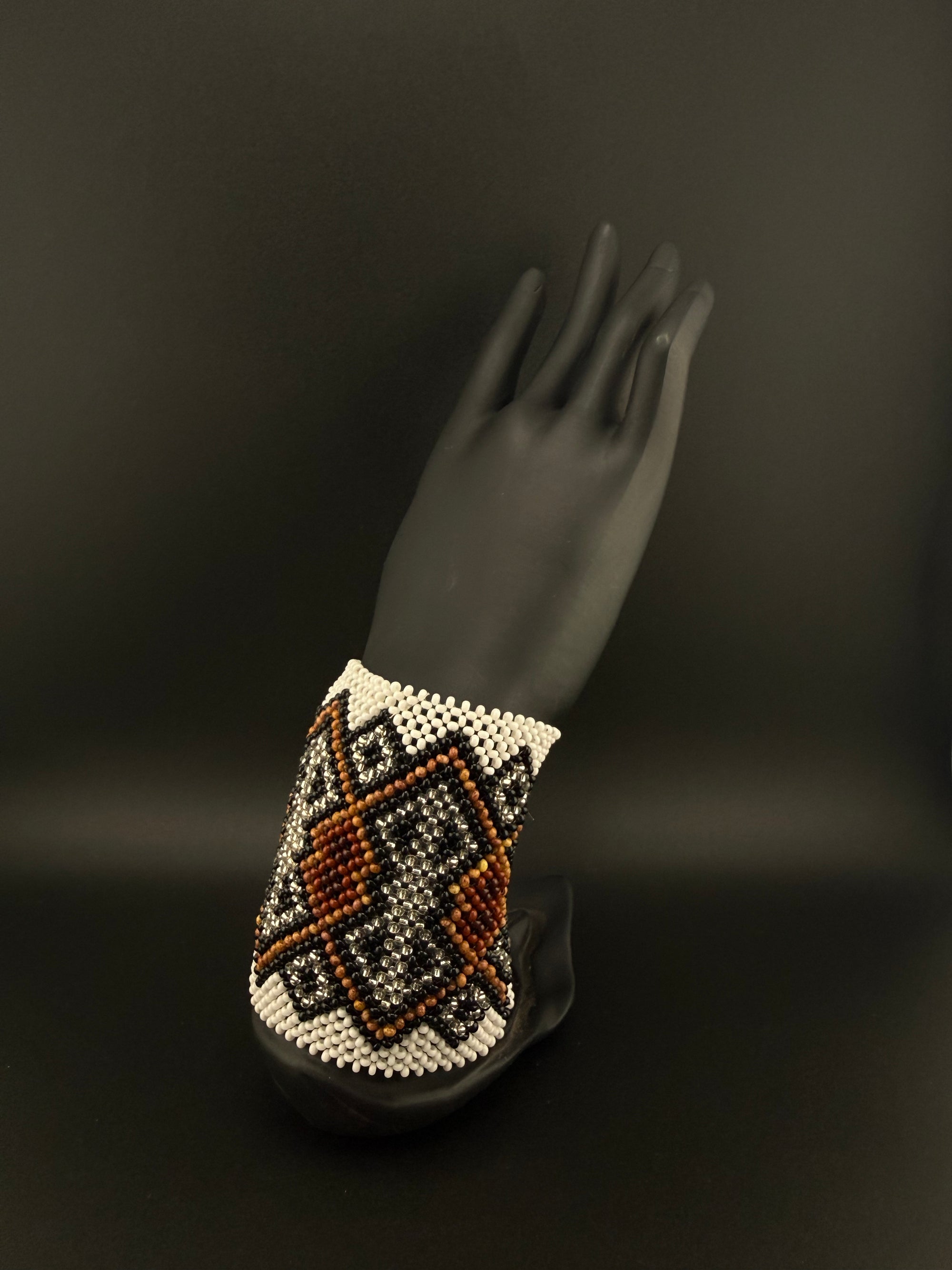 White and Brown Beaded Yawanawa Cuff