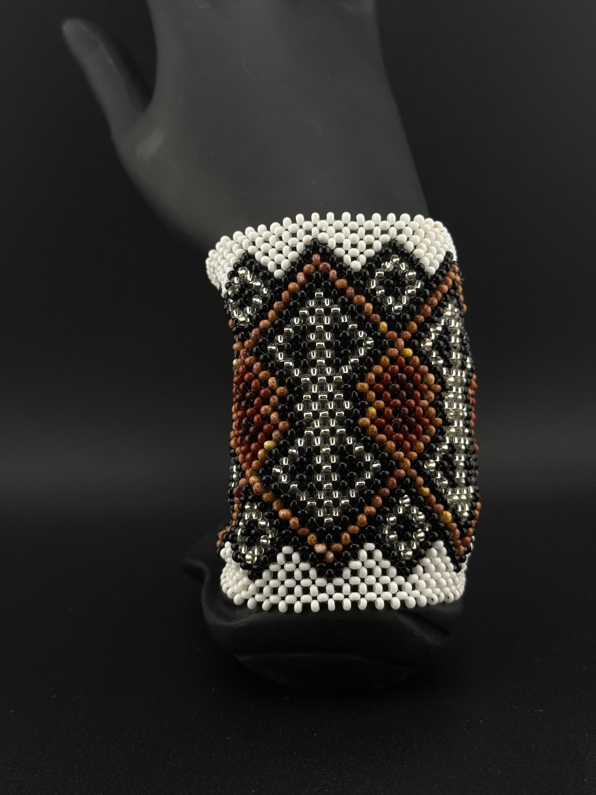 White and Brown Beaded Yawanawa Cuff