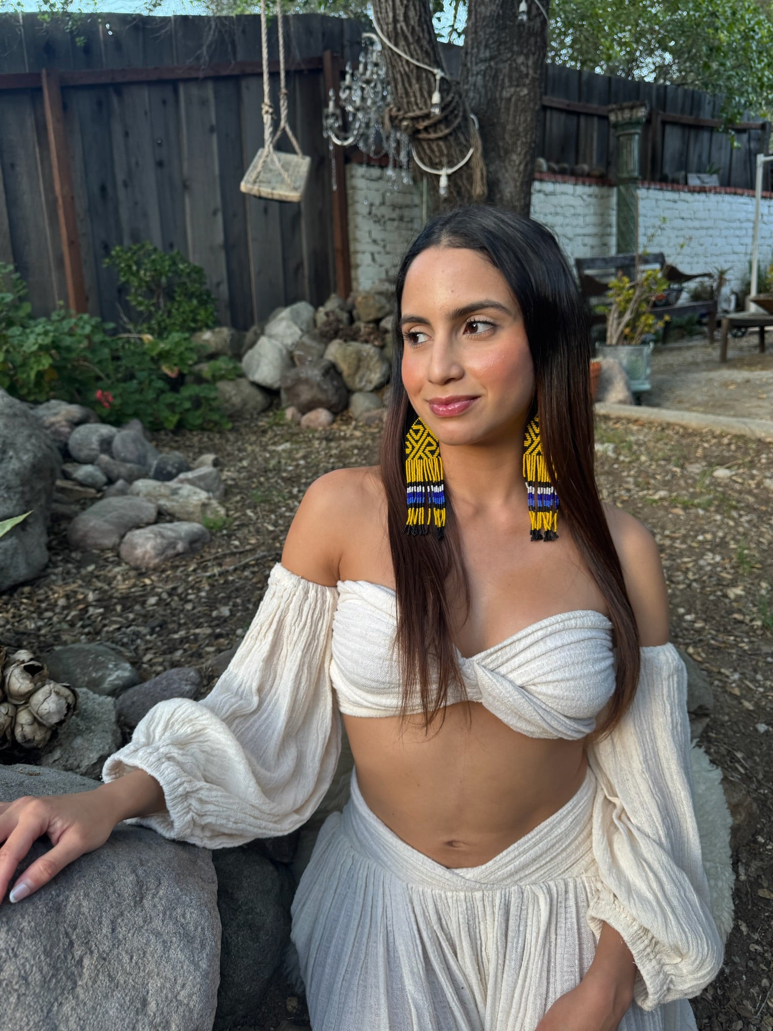 Yellow Huni Kuin Beaded Fringe Earrings