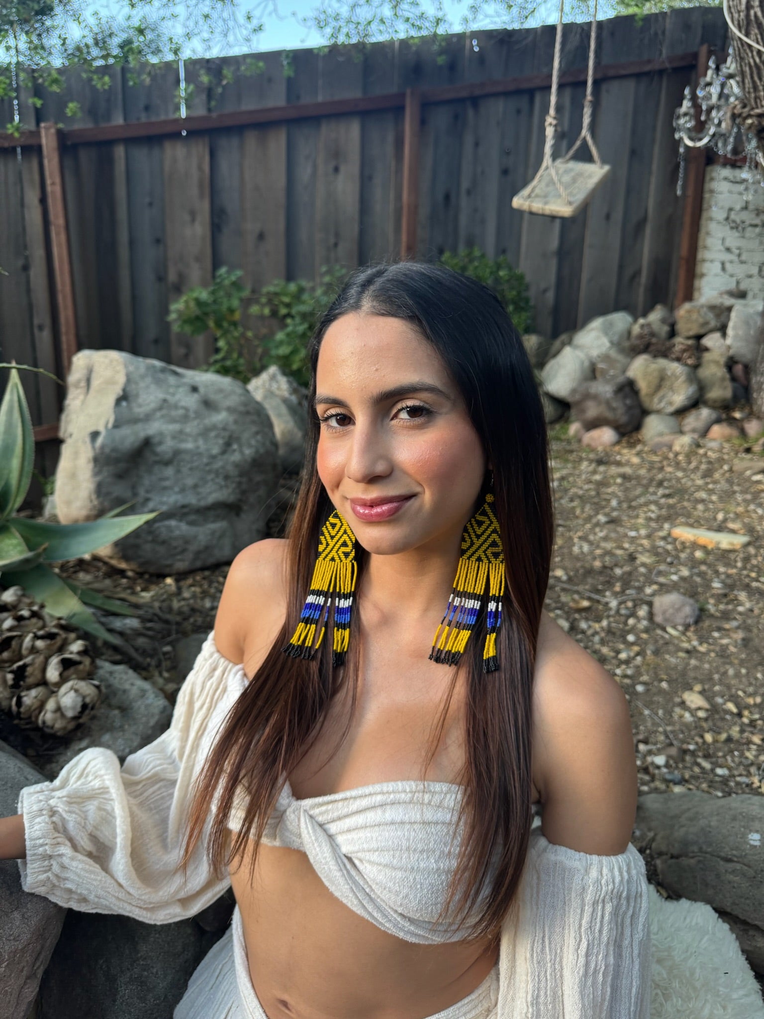 Yellow Huni Kuin Beaded Fringe Earrings