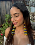 Blue & Yellow Huni Kuin Beaded Fringe Earrings