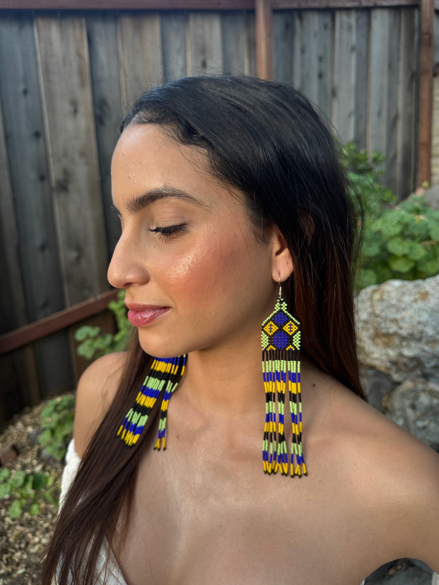 Blue &amp; Yellow Huni Kuin Beaded Fringe Earrings