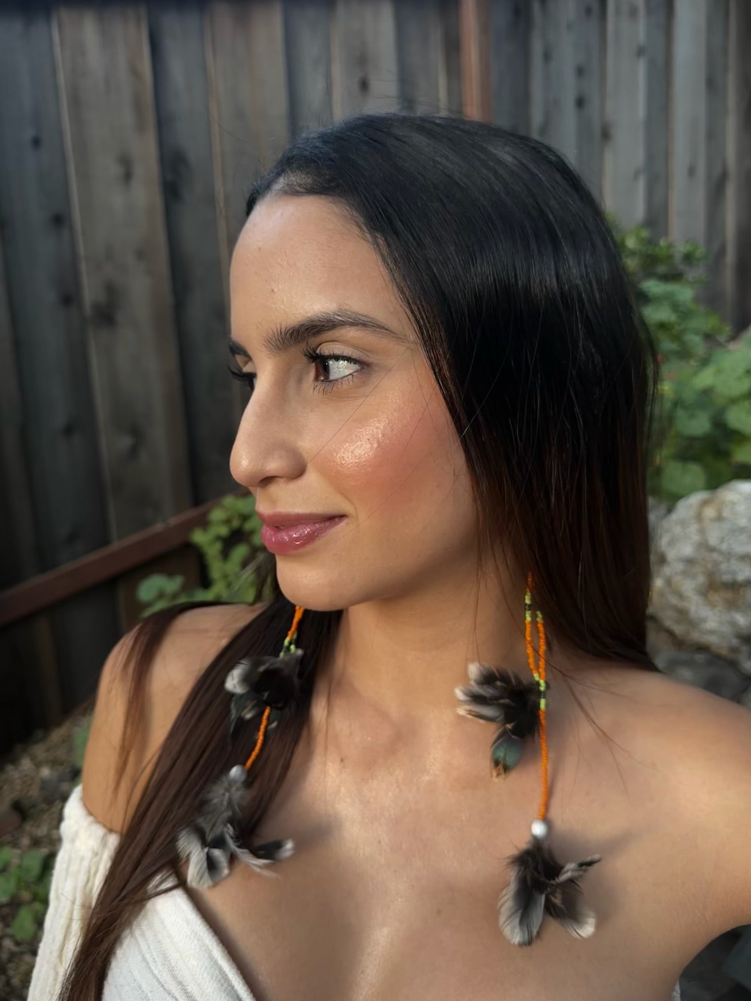 Orange Double Pom Huni Kuin Feather Earring