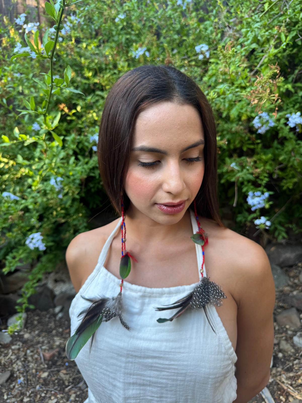 Red, Blue &amp; Green Double Pom Huni Kuin Feather Earring