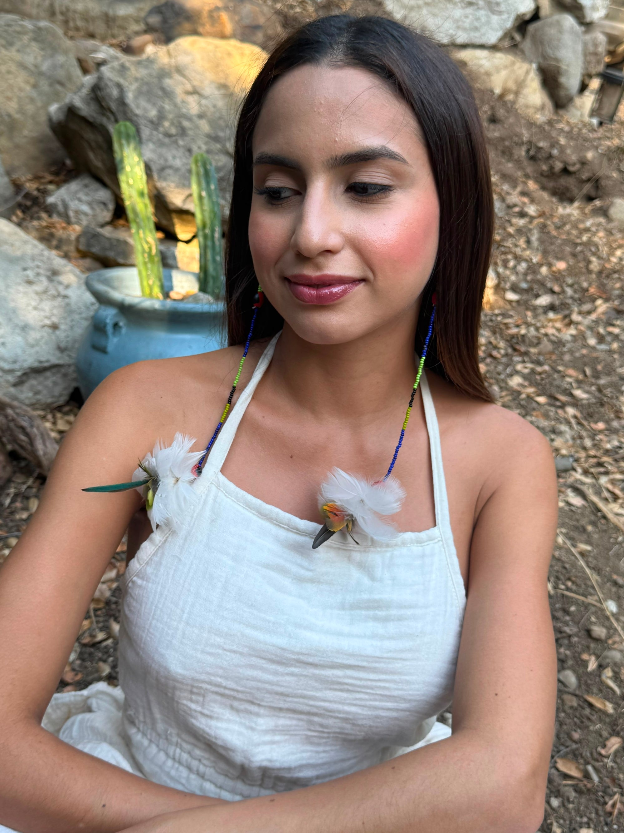 White &amp; Blue Pom Huni Kuin Feather Earrings