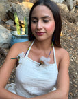 White & Blue Pom Huni Kuin Feather Earrings