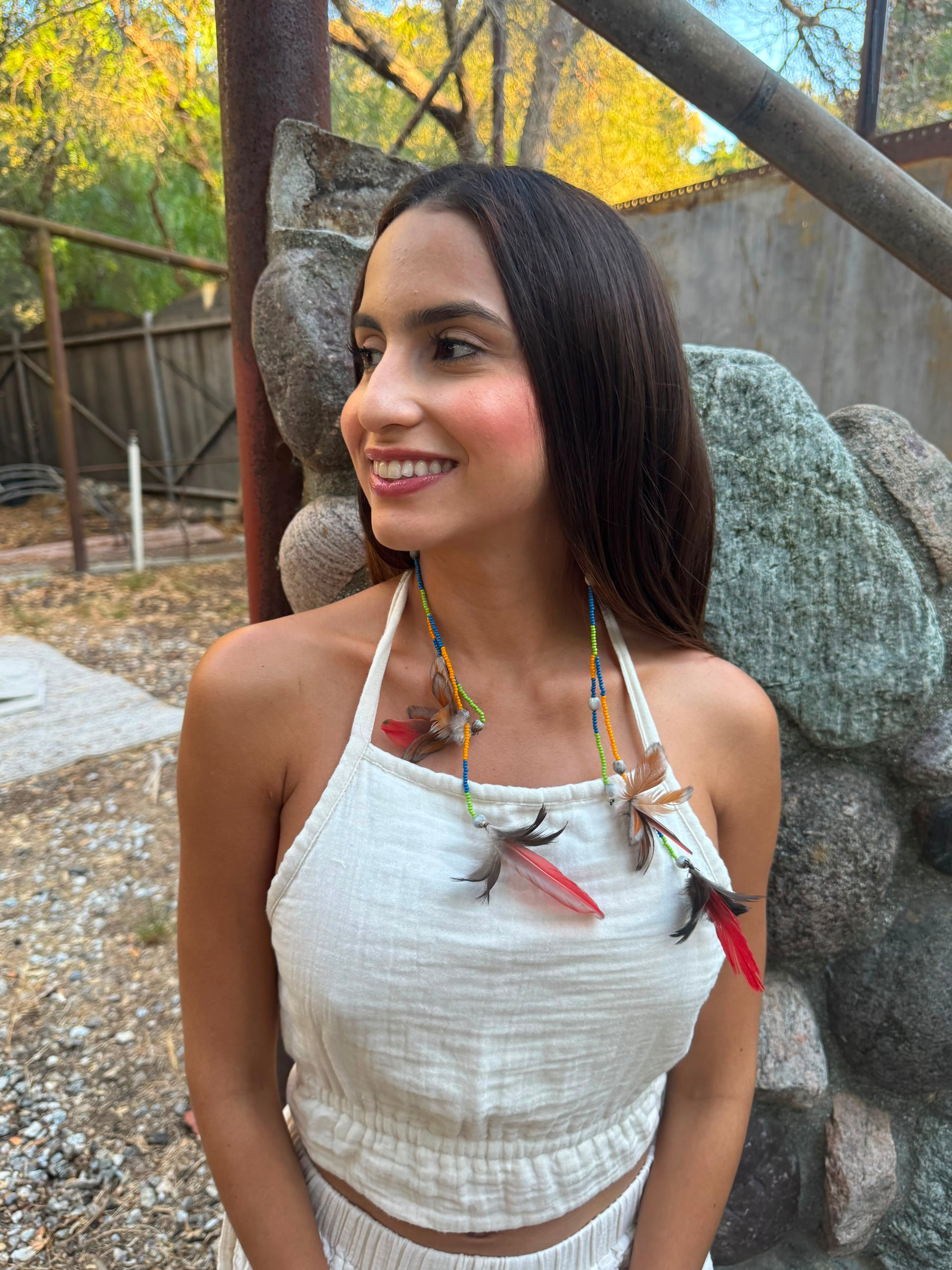 Red &amp; Gold Double Pom Huni Kuin Feather Earring