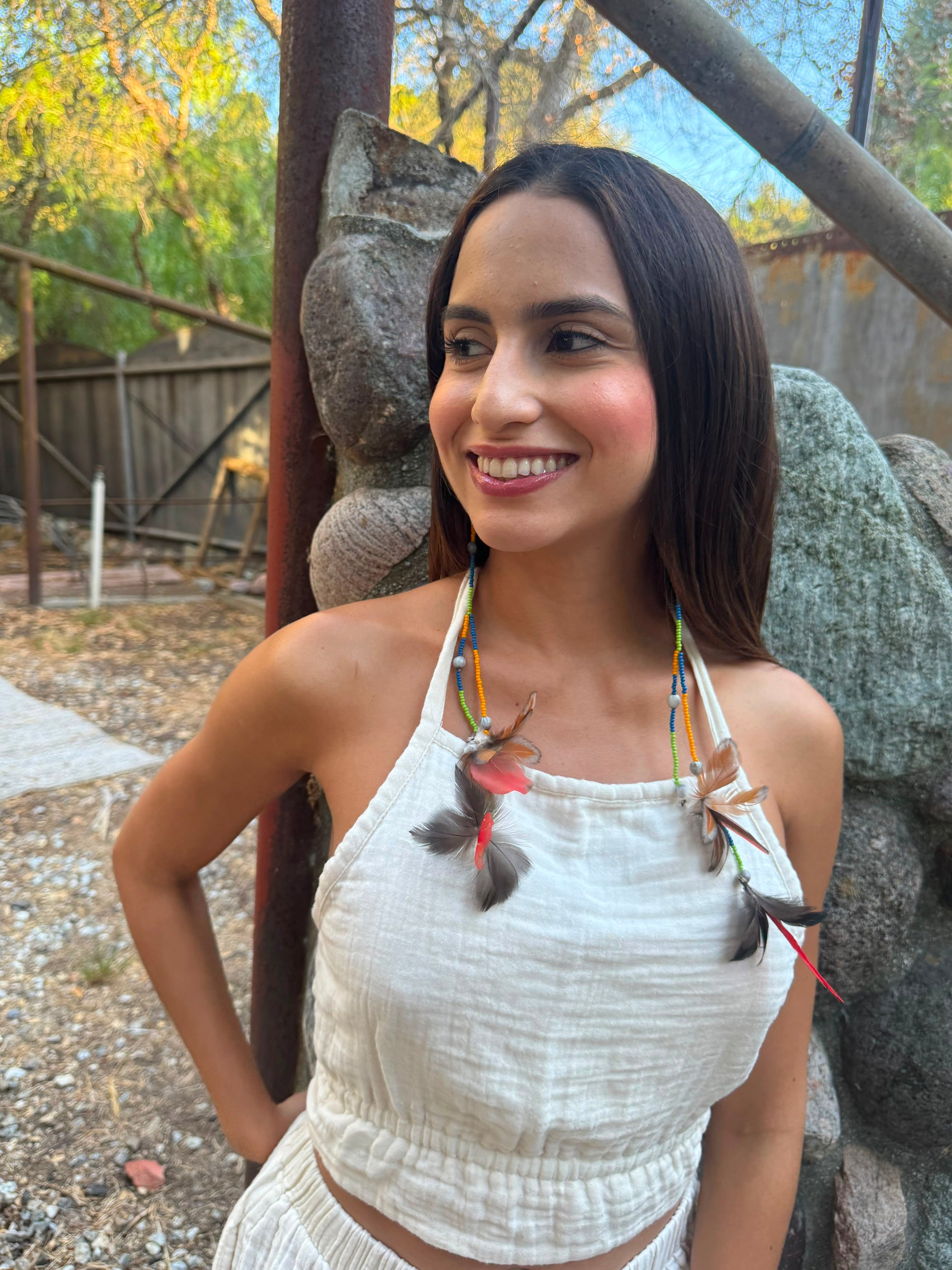 Red &amp; Gold Double Pom Huni Kuin Feather Earring