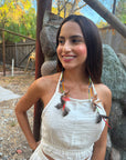 Red & Gold Double Pom Huni Kuin Feather Earring