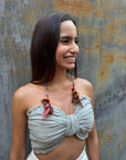 Red Stacked Pom Huni Kuin Feather Earring