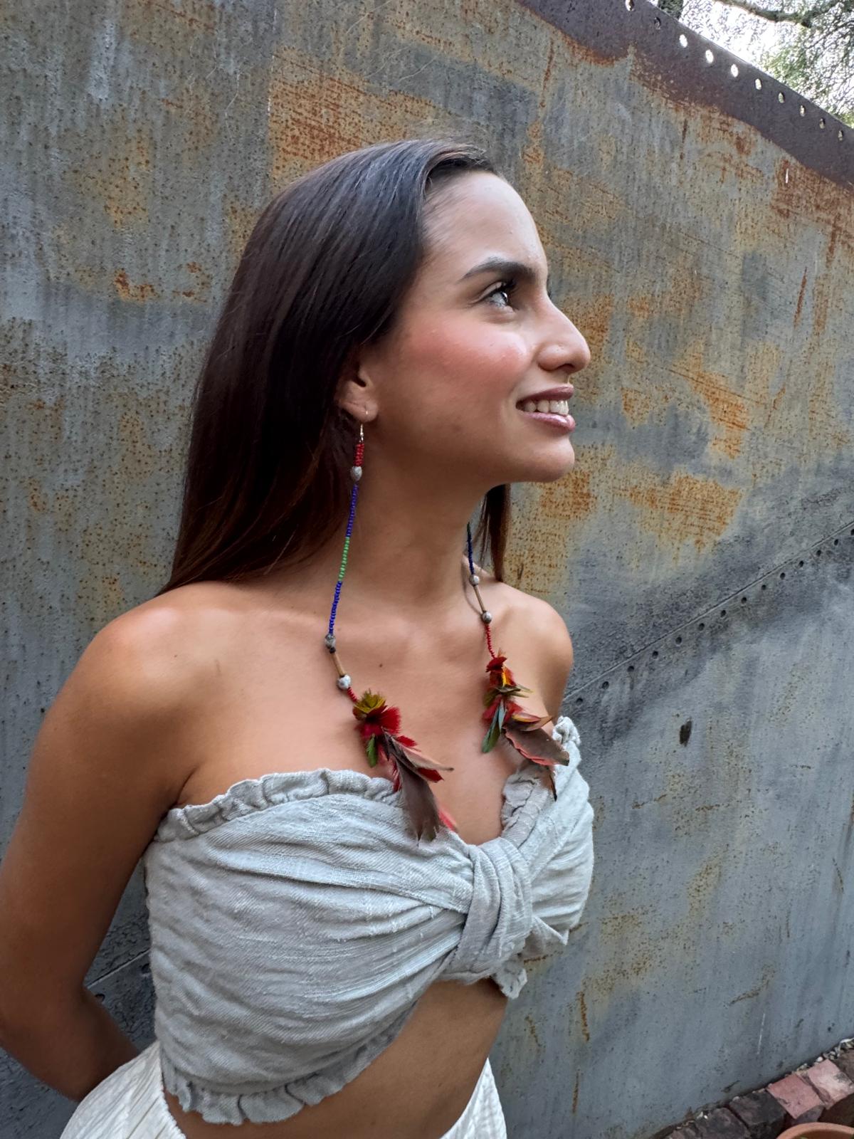 Red Stacked Pom Huni Kuin Feather Earring