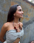 Red Stacked Pom Huni Kuin Feather Earring