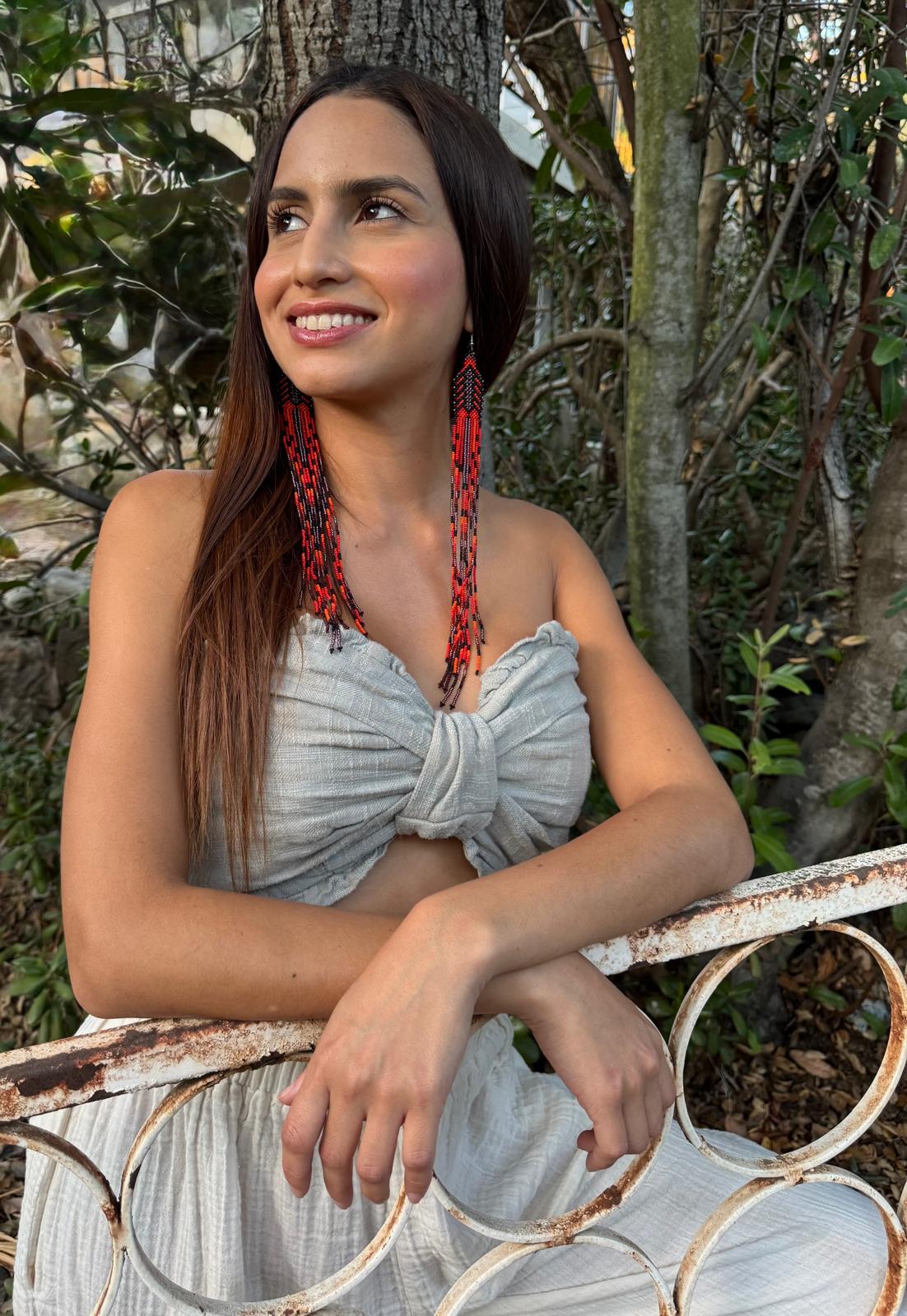 Red Yawanawa Beaded Fringe Earrings
