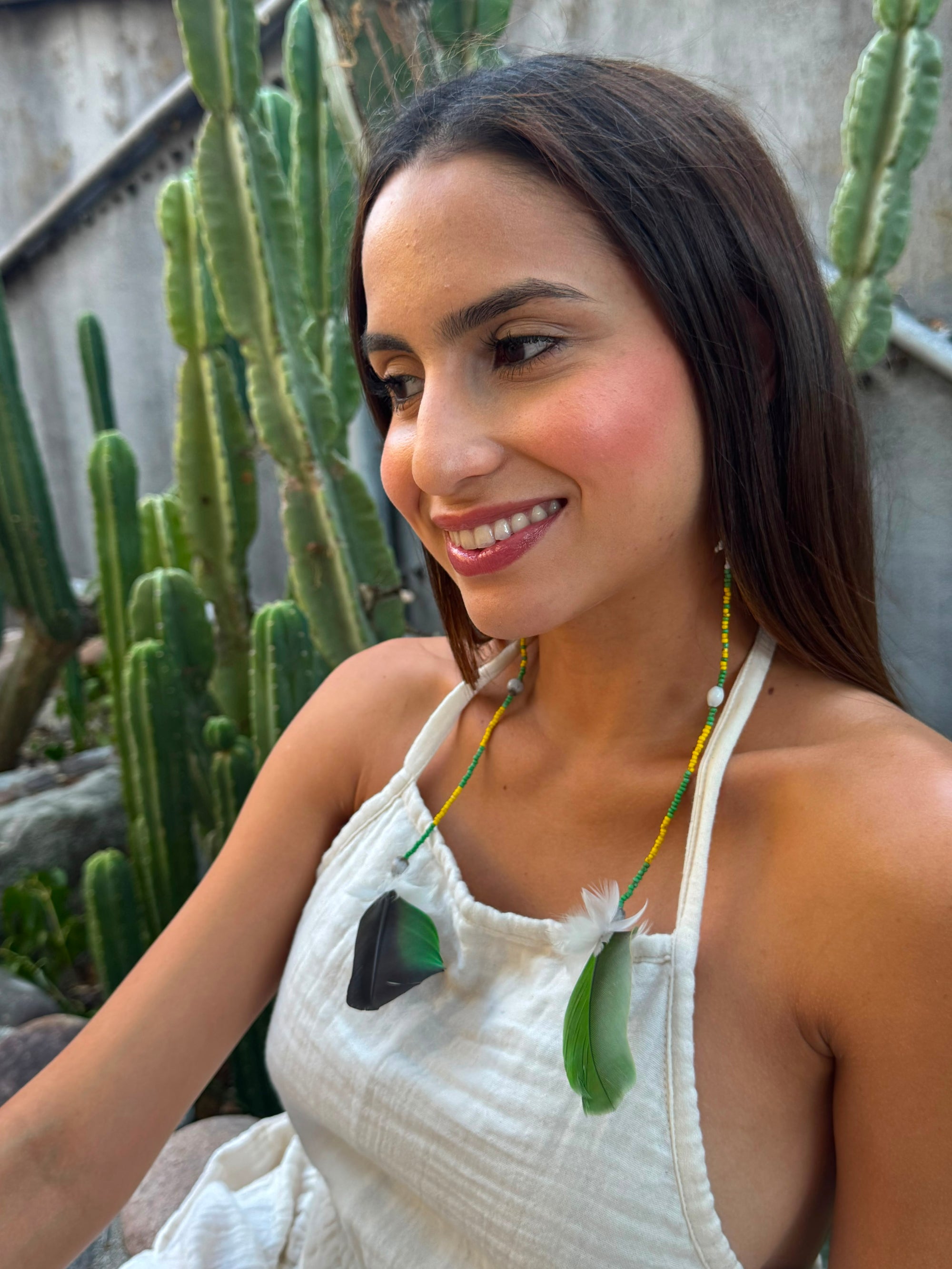 Green Solo Feather Huni Kuin Earrings