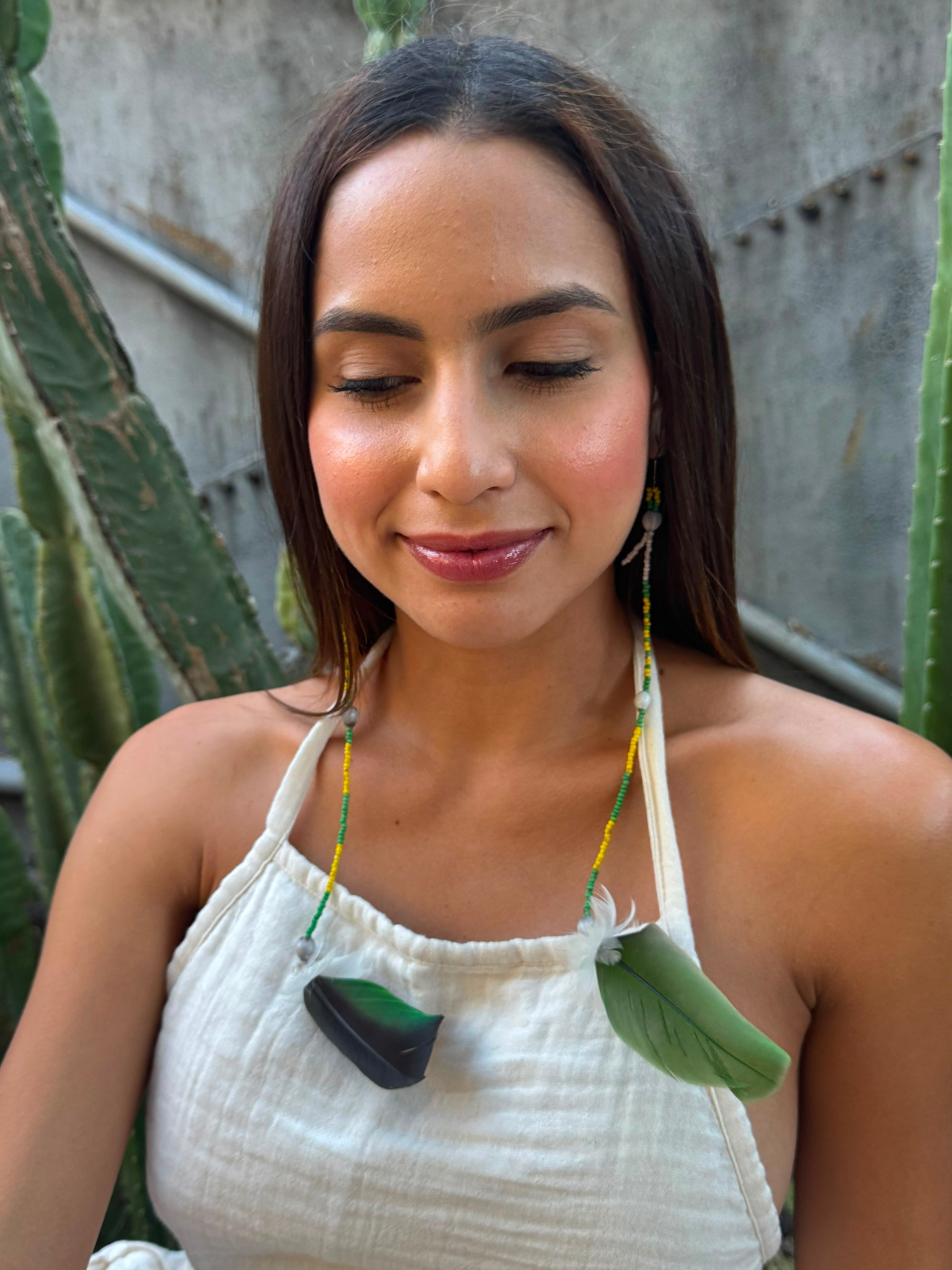 Green Solo Feather Huni Kuin Earrings